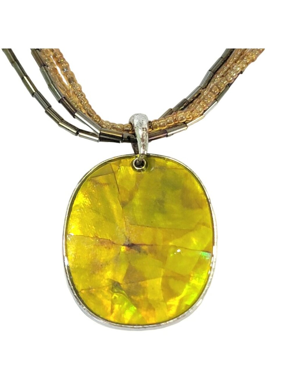 Vintage 80s Beaded Pendant Necklace Women Adjustable Jewelry Yellow Silver Boho